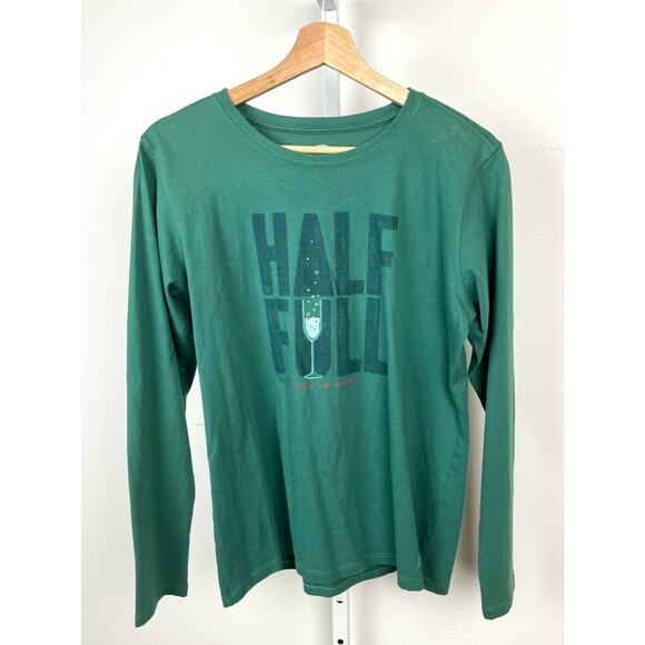 LIFE IS GOOD M Half Full Champagne Glass Long Sleeve Crew Graphic T Shirt Green - Picture 1 of 8